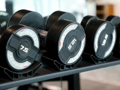 Row of heavy dumbbells on a rack in fitness center
